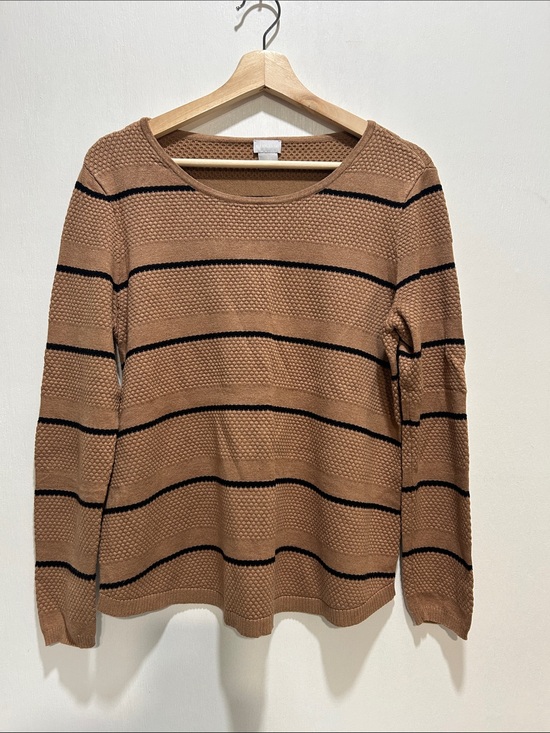 Chico's Sweaters - CHICOS Womens Striped Lightweight Crewneck Sweater Tan Black Sz 1 MD